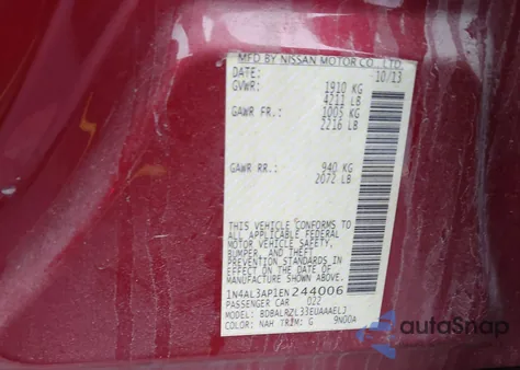 2014 Nissan Altima 2.5 S z USA, uszkodzony, nr VIN 1N4AL3AP1EN244006